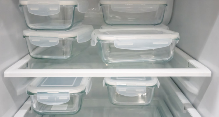 Glass storage containers in fridge