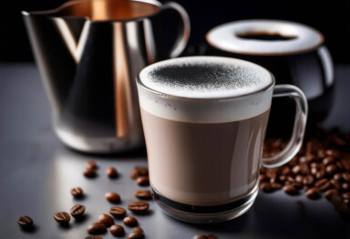 Mug of activated charcoal latte with coffee beans scattered around.