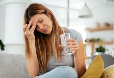 Woman holding glass of water & touching her head with a distressed look on her face