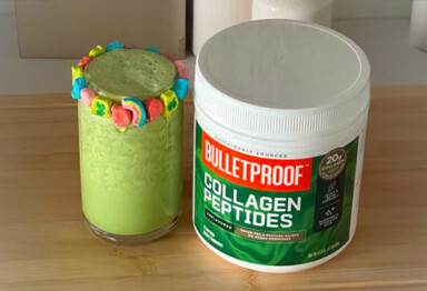 Shamrok shake beside a container of collagen peptides